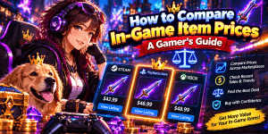 Vibrant anime-style gaming banner featuring a female gamer and golden retriever comparing in-game item prices across online marketplaces, with weapon listings, price comparisons and tips for finding the best deals.