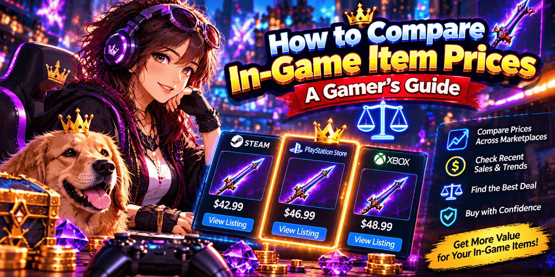 Vibrant anime-style gaming banner featuring a female gamer and golden retriever comparing in-game item prices across online marketplaces, with weapon listings, price comparisons and tips for finding the best deals.